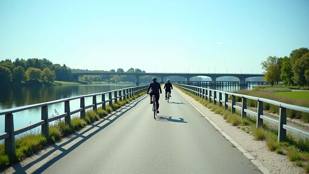 Ikšķiles tilts pāri Daugavai ar velosipēdistiem un skaistu ainavu fonā
