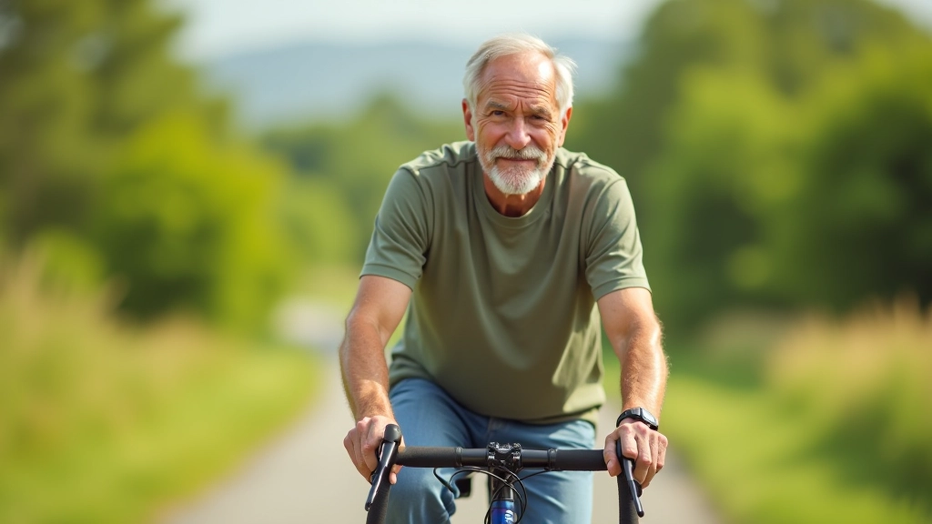 Seniors uz komfortabla velosipēda ar ergonomisku sēdvietu, smaidot braucot pa laukainu ceļu
